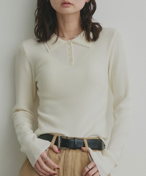 ad thie（アドティエ）の「ダブルカラー ポロニットトップス（ニット/セーター・レディース・杢グレー/ライトブルー/ブラック/オフホワイト・FREE）」の2枚目の写真