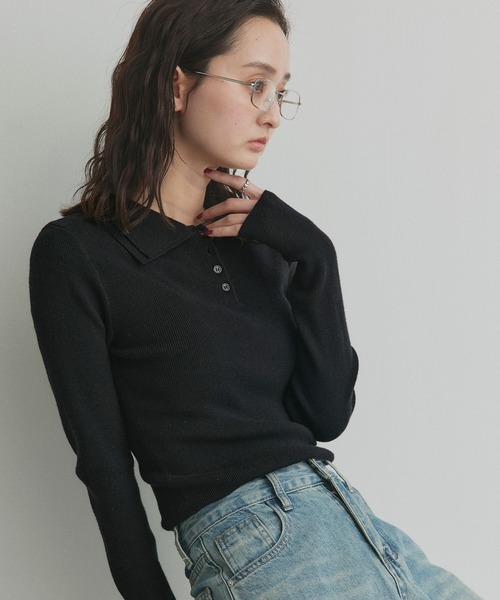 ad thie（アドティエ）の「ダブルカラー ポロニットトップス（ニット/セーター・レディース・杢グレー/ライトブルー/ブラック/オフホワイト・FREE）」の3枚目の写真