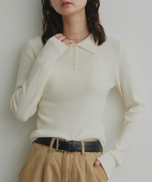 ad thie（アドティエ）の「ダブルカラー ポロニットトップス（ニット/セーター・レディース・杢グレー/ライトブルー/ブラック/オフホワイト・FREE）」の8枚目の写真