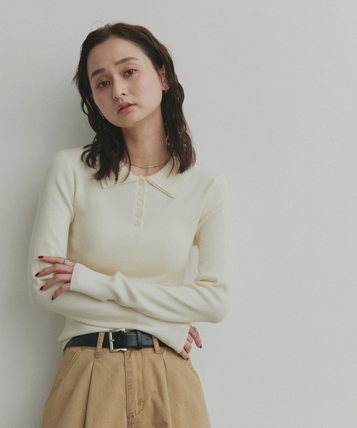 ad thie（アドティエ）の「ダブルカラー ポロニットトップス（ニット/セーター・レディース・杢グレー/ライトブルー/ブラック/オフホワイト・FREE）」の10枚目の写真