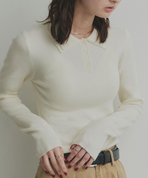 ad thie（アドティエ）の「ダブルカラー ポロニットトップス（ニット/セーター・レディース・杢グレー/ライトブルー/ブラック/オフホワイト・FREE）」の12枚目の写真