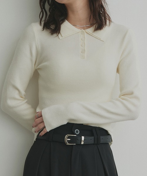 ad thie（アドティエ）の「ダブルカラー ポロニットトップス（ニット/セーター・レディース・杢グレー/ライトブルー/ブラック/オフホワイト・FREE）」の15枚目の写真