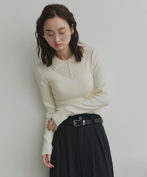 ad thie（アドティエ）の「ダブルカラー ポロニットトップス（ニット/セーター・レディース・杢グレー/ライトブルー/ブラック/オフホワイト・FREE）」の16枚目の写真