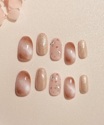 Anail（エーネイル）の「水光ネイルピンクマーブルフラワーアートストーンラメオーバルネイルチップ 冬ネイル15（ネイルシール/ネイルチップ）」