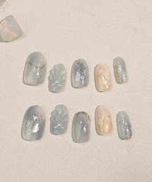 Anail（エーネイル）の「水光ネイルピンクマーブルフラワーアートストーンラメオーバルネイルチップ 冬ネイル⑮（ネイルシール/ネイルチップ）」