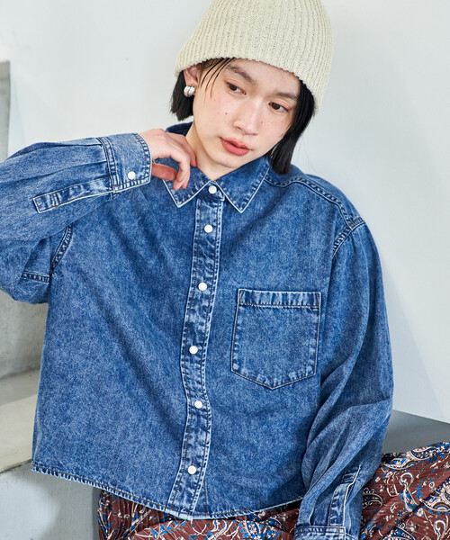 とろみデニムショートシャツ/リヨセル デニムショート丈シャツ