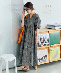 限定展開 インド 2トーン 花柄 半袖 スキッパー ワンピース