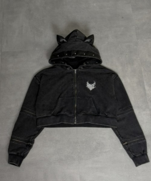 Amilige(アミリージュ)の「猫耳袖ZIPショート丈パーカー(パーカー・レディース・グレー/ブラック・FREE)」の13枚目の写真