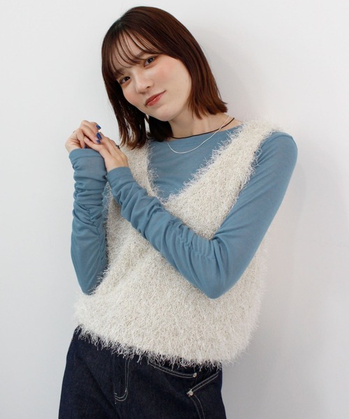 ABYS(アビス)の「袖シャーリングシアートップス(Tシャツ/カットソー・レディース・ピンク/ホワイト/ブルー/グレー・FREE)」の3枚目の写真
