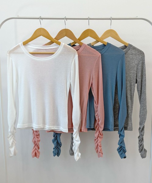 ABYS(アビス)の「袖シャーリングシアートップス(Tシャツ/カットソー・レディース・ピンク/ホワイト/ブルー/グレー・FREE)」の8枚目の写真