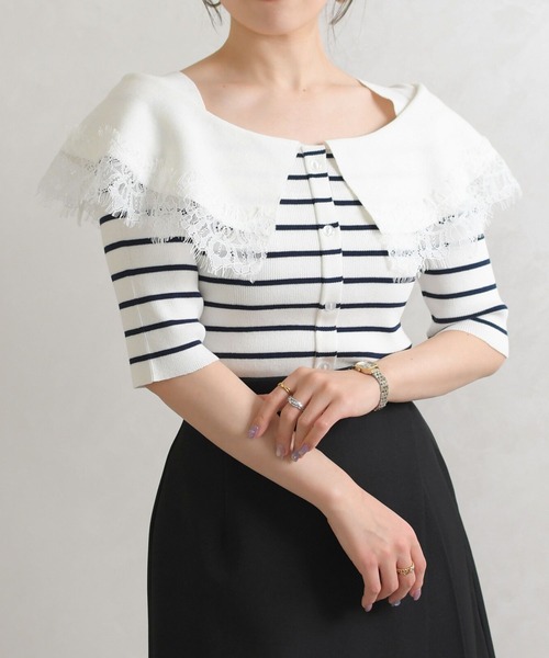 31 Sons de mode（トランテアン　ソン　ドゥ　モード）の「2026春夏新作 レーストリミングビッグカラーニット（ニット/セーター・レディース・オフホワイト/ブラウン/ブラック×ホワイト・ﾌﾘ-）」の17枚目の写真