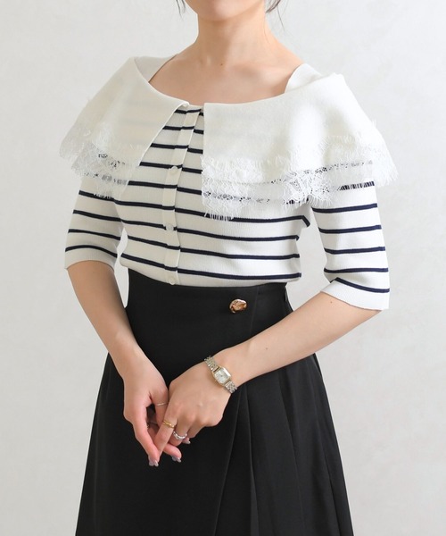 31 Sons de mode（トランテアン　ソン　ドゥ　モード）の「2026春夏新作 レーストリミングビッグカラーニット（ニット/セーター・レディース・オフホワイト/ブラウン/ブラック×ホワイト・ﾌﾘ-）」の18枚目の写真