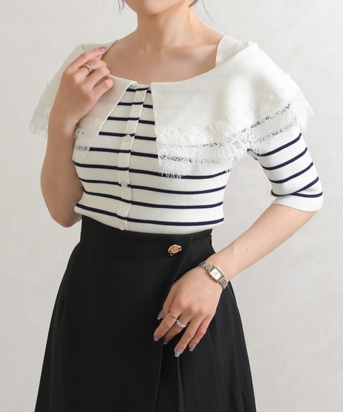 31 Sons de mode（トランテアン　ソン　ドゥ　モード）の「2026春夏新作 レーストリミングビッグカラーニット（ニット/セーター・レディース・オフホワイト/ブラウン/ブラック×ホワイト・ﾌﾘ-）」の19枚目の写真