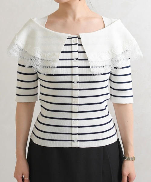 31 Sons de mode（トランテアン　ソン　ドゥ　モード）の「2026春夏新作 レーストリミングビッグカラーニット（ニット/セーター・レディース・オフホワイト/ブラウン/ブラック×ホワイト・ﾌﾘ-）」の20枚目の写真