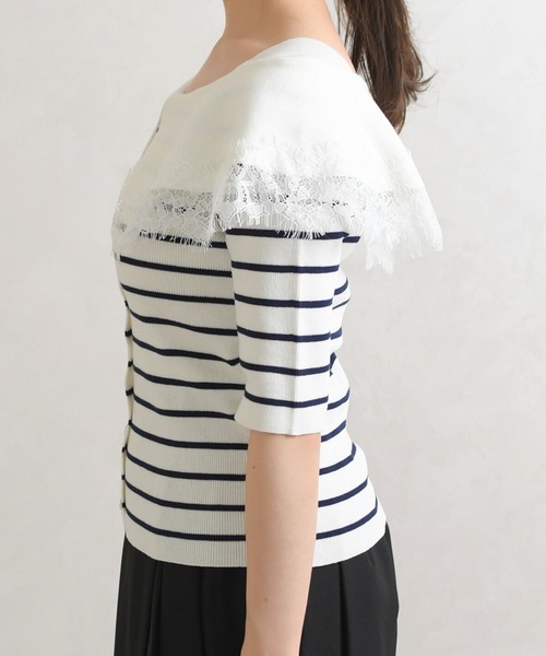 31 Sons de mode（トランテアン　ソン　ドゥ　モード）の「2026春夏新作 レーストリミングビッグカラーニット（ニット/セーター・レディース・オフホワイト/ブラウン/ブラック×ホワイト・ﾌﾘ-）」の21枚目の写真