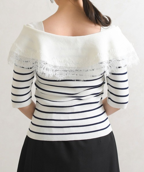 31 Sons de mode（トランテアン　ソン　ドゥ　モード）の「2026春夏新作 レーストリミングビッグカラーニット（ニット/セーター・レディース・オフホワイト/ブラウン/ブラック×ホワイト・ﾌﾘ-）」の22枚目の写真