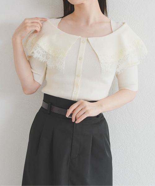 31 Sons de mode（トランテアン　ソン　ドゥ　モード）の「2026春夏新作 レーストリミングビッグカラーニット（ニット/セーター・レディース・オフホワイト/ブラウン/ブラック×ホワイト・ﾌﾘ-）」の11枚目の写真