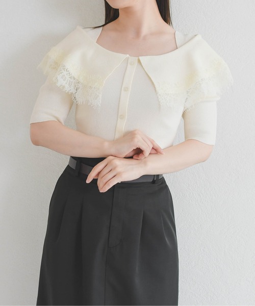 31 Sons de mode（トランテアン　ソン　ドゥ　モード）の「2026春夏新作 レーストリミングビッグカラーニット（ニット/セーター・レディース・オフホワイト/ブラウン/ブラック×ホワイト・ﾌﾘ-）」の10枚目の写真