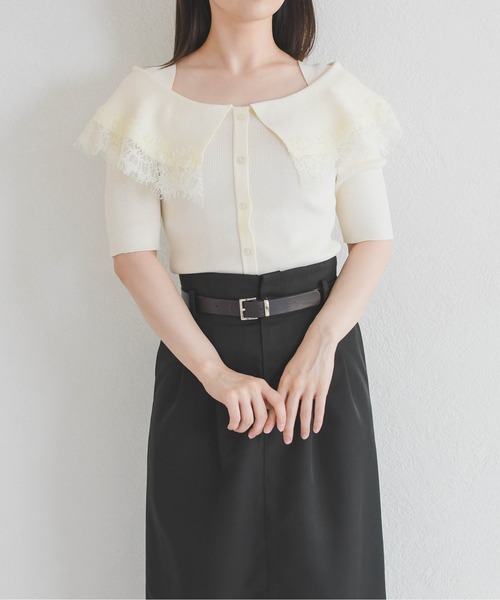 31 Sons de mode（トランテアン　ソン　ドゥ　モード）の「2026春夏新作 レーストリミングビッグカラーニット（ニット/セーター・レディース・オフホワイト/ブラウン/ブラック×ホワイト・ﾌﾘ-）」の12枚目の写真