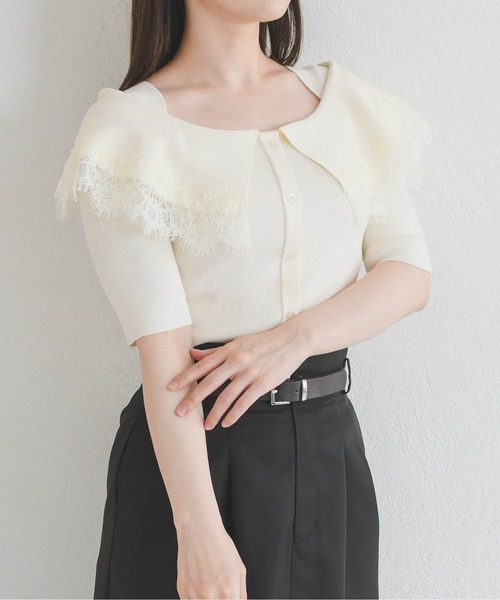 31 Sons de mode（トランテアン　ソン　ドゥ　モード）の「2026春夏新作 レーストリミングビッグカラーニット（ニット/セーター・レディース・オフホワイト/ブラウン/ブラック×ホワイト・ﾌﾘ-）」の13枚目の写真