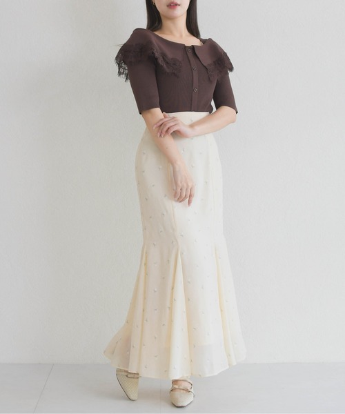 31 Sons de mode（トランテアン　ソン　ドゥ　モード）の「2026春夏新作 レーストリミングビッグカラーニット（ニット/セーター・レディース・オフホワイト/ブラウン/ブラック×ホワイト・ﾌﾘ-）」の9枚目の写真