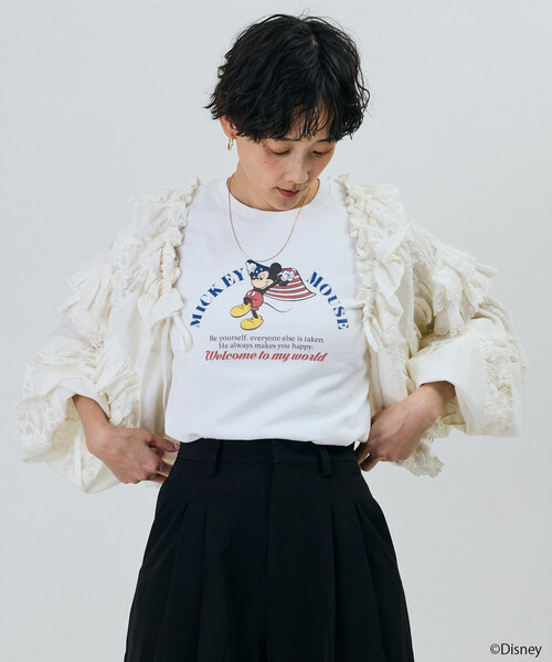 Freada(フリーダ)の「Freada/フリーダ 【MICKEY / ミッキー 】コンパクト ちびTシャツ(Tシャツ/カットソー・レディース・ブラック/ホワイト・ONE SIZE)」の4枚目の写真