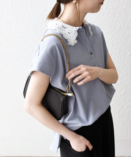SHIPS any(シップス エニィ)の「SHIPS any:〈洗濯機可能〉レース カラー フレンチスリーブ ポロ プルオーバー(Tシャツ/カットソー・レディース・ブルー/ネイビー/オフホワイト・ONE SIZE)」の4枚目の写真