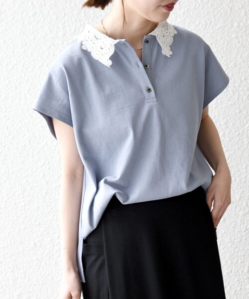 SHIPS any(シップス エニィ)の「SHIPS any:〈洗濯機可能〉レース カラー フレンチスリーブ ポロ プルオーバー(Tシャツ/カットソー・レディース・ブルー/ネイビー/オフホワイト・ONE SIZE)」の5枚目の写真