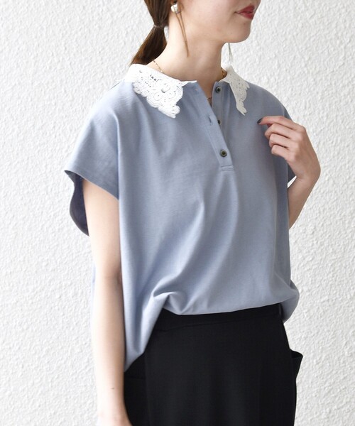 SHIPS any(シップス エニィ)の「SHIPS any:〈洗濯機可能〉レース カラー フレンチスリーブ ポロ プルオーバー(Tシャツ/カットソー・レディース・ブルー/ネイビー/オフホワイト・ONE SIZE)」の7枚目の写真