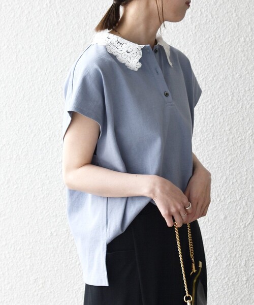 SHIPS any(シップス エニィ)の「SHIPS any:〈洗濯機可能〉レース カラー フレンチスリーブ ポロ プルオーバー(Tシャツ/カットソー・レディース・ブルー/ネイビー/オフホワイト・ONE SIZE)」の8枚目の写真