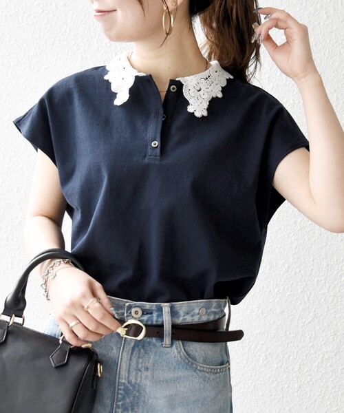 SHIPS any(シップス エニィ)の「SHIPS any:〈洗濯機可能〉レース カラー フレンチスリーブ ポロ プルオーバー(Tシャツ/カットソー・レディース・ブルー/ネイビー/オフホワイト・ONE SIZE)」の14枚目の写真