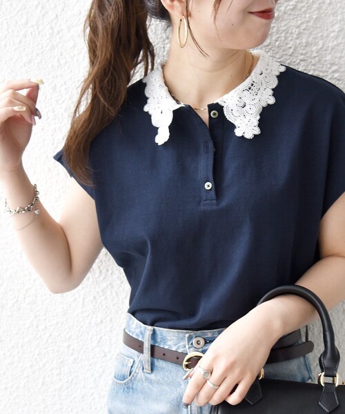 SHIPS any(シップス エニィ)の「SHIPS any:〈洗濯機可能〉レース カラー フレンチスリーブ ポロ プルオーバー(Tシャツ/カットソー・レディース・ブルー/ネイビー/オフホワイト・ONE SIZE)」の15枚目の写真
