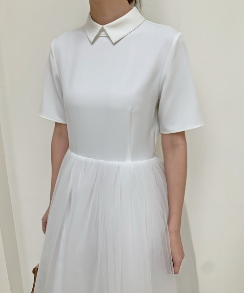 BIRTHDAY BASH（バースデイバッシュ）の「TULLE DOCKING COLLAR DRESS（チュールドッキングカラードレス）（ワンピース・レディース・ホワイト/ブラック・SMALL/MEDIUM）」の5枚目の写真