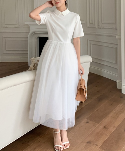 BIRTHDAY BASH（バースデイバッシュ）の「TULLE DOCKING COLLAR DRESS（チュールドッキングカラードレス）（ワンピース・レディース・ホワイト/ブラック・SMALL/MEDIUM）」の16枚目の写真