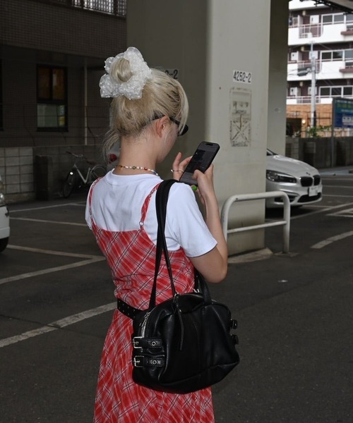 lanan select（ラナンセレクト）の「チェック柄 ローウエストロングキャミワンピ Plaid Low Waist Long Cami Dress（ワンピース・レディース・レッド・S）」の3枚目の写真