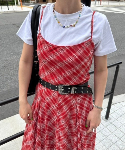 lanan select（ラナンセレクト）の「チェック柄 ローウエストロングキャミワンピ Plaid Low Waist Long Cami Dress（ワンピース・レディース・レッド・S）」の8枚目の写真