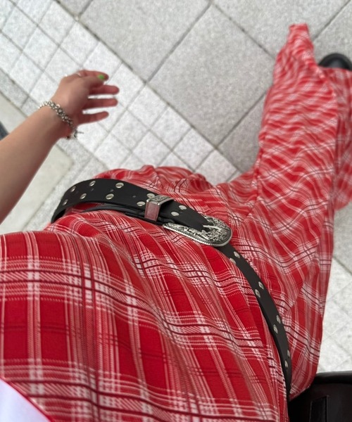 lanan select（ラナンセレクト）の「チェック柄 ローウエストロングキャミワンピ Plaid Low Waist Long Cami Dress（ワンピース・レディース・レッド・S）」の9枚目の写真