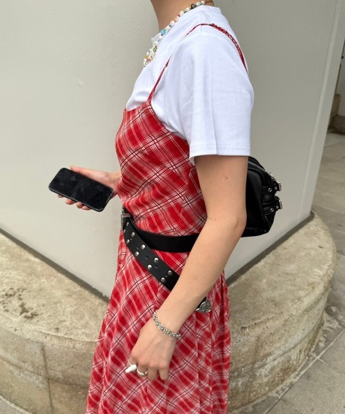 lanan select（ラナンセレクト）の「チェック柄 ローウエストロングキャミワンピ Plaid Low Waist Long Cami Dress（ワンピース・レディース・レッド・S）」の12枚目の写真