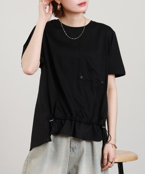 BRODIAEA（ブローディア）の「BRODIAEA 異素材切り替えポケットTシャツ 半袖（Tシャツ/カットソー・レディース・オフホワイト/ブラック・40）」の2枚目の写真