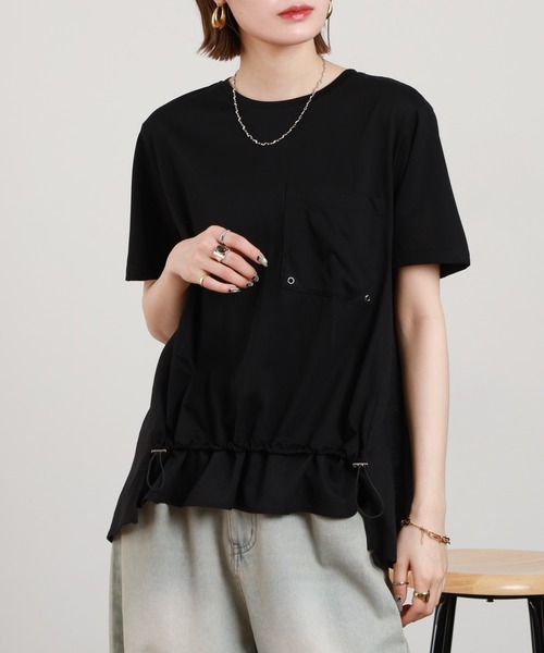 BRODIAEA（ブローディア）の「BRODIAEA 異素材切り替えポケットTシャツ 半袖（Tシャツ/カットソー・レディース・オフホワイト/ブラック・40）」の3枚目の写真