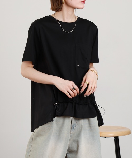 BRODIAEA（ブローディア）の「BRODIAEA 異素材切り替えポケットTシャツ 半袖（Tシャツ/カットソー・レディース・オフホワイト/ブラック・40）」の4枚目の写真