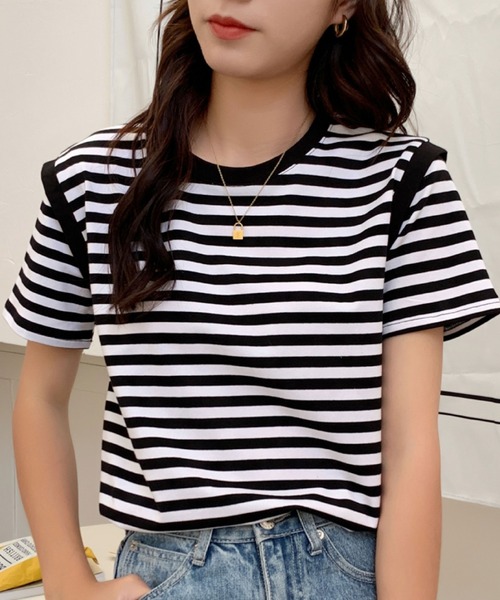 2ly2(トゥーリートゥー)の「ボーダーTシャツ レディース 半袖 ゆったり カットソー シンプル(Tシャツ/カットソー・レディース・ブラック/パープル・FREE)」の1枚目の写真