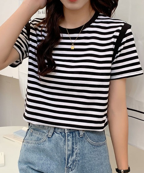 2ly2(トゥーリートゥー)の「ボーダーTシャツ レディース 半袖 ゆったり カットソー シンプル(Tシャツ/カットソー・レディース・ブラック/パープル・FREE)」の11枚目の写真