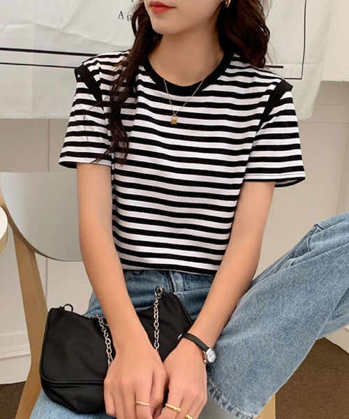 2ly2(トゥーリートゥー)の「ボーダーTシャツ レディース 半袖 ゆったり カットソー シンプル(Tシャツ/カットソー・レディース・ブラック/パープル・FREE)」の14枚目の写真