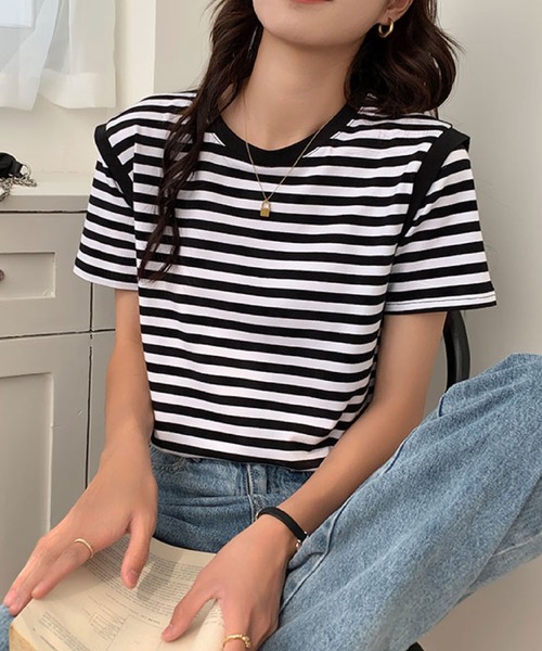 2ly2(トゥーリートゥー)の「ボーダーTシャツ レディース 半袖 ゆったり カットソー シンプル(Tシャツ/カットソー・レディース・ブラック/パープル・FREE)」の15枚目の写真