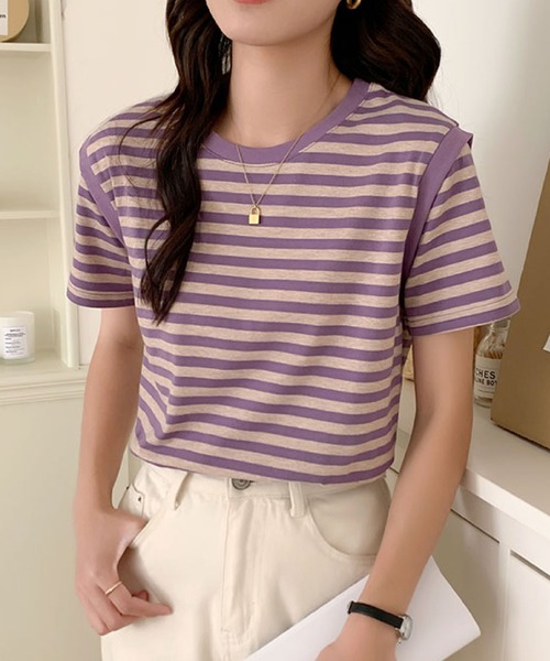 2ly2(トゥーリートゥー)の「ボーダーTシャツ レディース 半袖 ゆったり カットソー シンプル(Tシャツ/カットソー・レディース・ブラック/パープル・FREE)」の19枚目の写真
