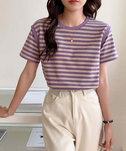2ly2(トゥーリートゥー)の「ボーダーTシャツ レディース 半袖 ゆったり カットソー シンプル(Tシャツ/カットソー・レディース・ブラック/パープル・FREE)」の4枚目の写真