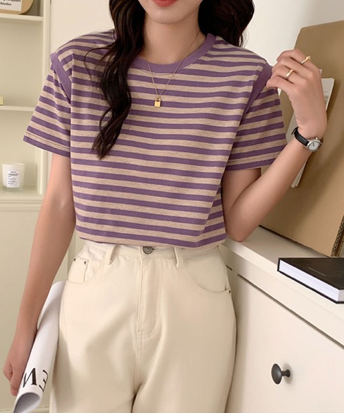 2ly2(トゥーリートゥー)の「ボーダーTシャツ レディース 半袖 ゆったり カットソー シンプル(Tシャツ/カットソー・レディース・ブラック/パープル・FREE)」の6枚目の写真