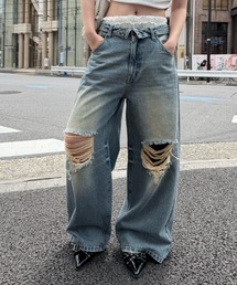RAY CASSIN | 【S・Mサイズ展開 】ダメージ折り返しワイドデニムパンツ(デニムパンツ)
