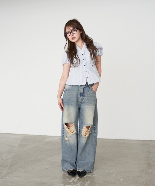 RAY CASSIN(レイカズン)の「【S・Mサイズ展開 】ダメージ折り返しワイドデニムパンツ(デニムパンツ・レディース・ブラック/スカイブルー/ブルー/ブルー系その他2・S/M)」の9枚目の写真